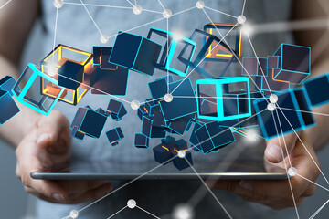 abstract lines with dots over dark background.