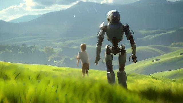 A boy walking alongside a robot through a lush green mountain landscape enjoying the natural beauty around them