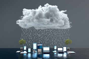 A surreal scene of digital rain from a cloud directly syncing with a series of smartphones, tablets, and laptops on the ground.