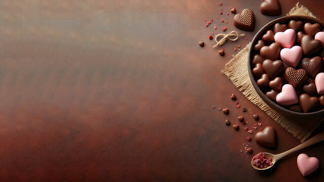 Sweets, chocolates, and delicious candies arranged against a chocolaty backdrop