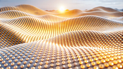 3D Wave Landscape with Dots and Binary Code, Digital Processing and Virtual Reality