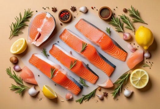 A top-down view of a raw salmon steak with lemon wedges and spices on a beige background - Powered by Adobe