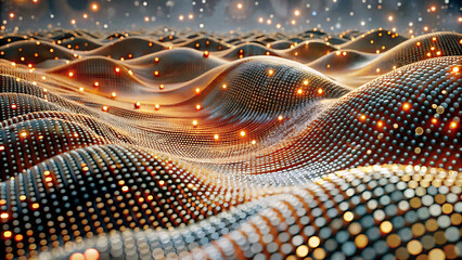 3D Wave Landscape with Dots and Binary Code, Digital Processing and Virtual Reality
