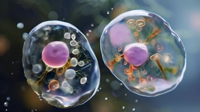 Representation of cellular division, where one cell divides into two identical ones. The process of microbiology from DNA replication to chromosome division