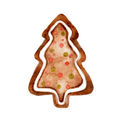 Cookie gingerbread in the Christmas tree shape, watercolor vector. Cut out from white background