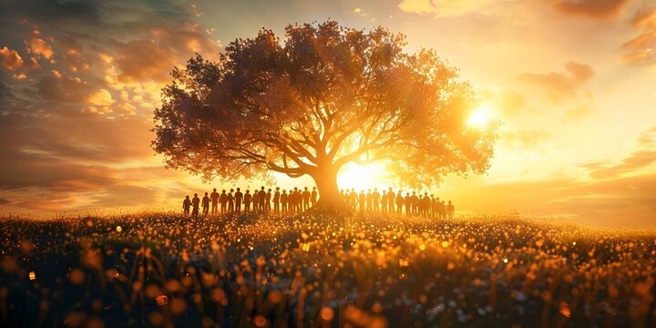 Population growth depicted as a tree with generational branches over time. Concept Demographics, Population Trends, Growth Visualization, Generational Tree, Time Evolution