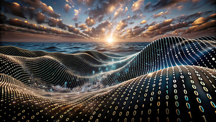 3D Wave Landscape with Dots and Binary Code, Digital Processing and Virtual Reality