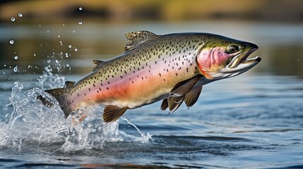 Obraz premium Rainbow trout jumping in the water