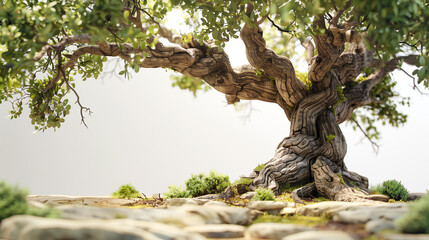 Tree with Twisted Branches and Green Foliage on White Background