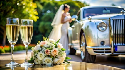 Champagne and glasses at wedding, wedding flowers with retro car. Blurred background. Wedding concept.