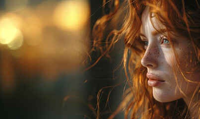 Poster with young red-haired girl against blurred golden hour background, concept for advertising cosmetics and skin care and health care