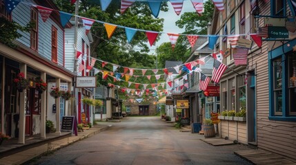 Naklejka premium quaint small-town main street decked out in patriotic banners and flags