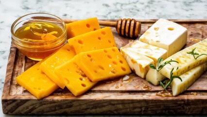 Cheese board glistening with hot honey.