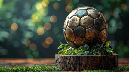 Fototapeta premium An aged, rustic soccer ball rests on a wooden stand with plants against a bokeh background