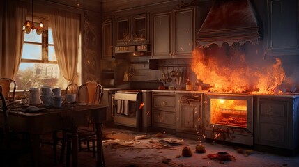 Fire in kitchen, burning house