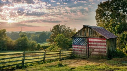 rustic barn painted with the American flag, set in a peaceful countryside