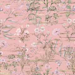 Hand drawn wildflowers seamless pattern on wooden texture