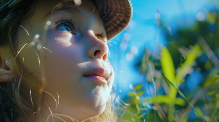 A young girl, wearing a scout uniform, looks up at the sky with a smile, surrounded by trees and grass in a natural landscape AIG50
