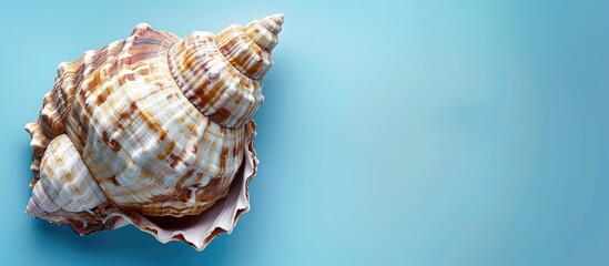 Obraz premium Large Stunning Sea Shell Alone on Blue Background with Space for Copy. Top View.
