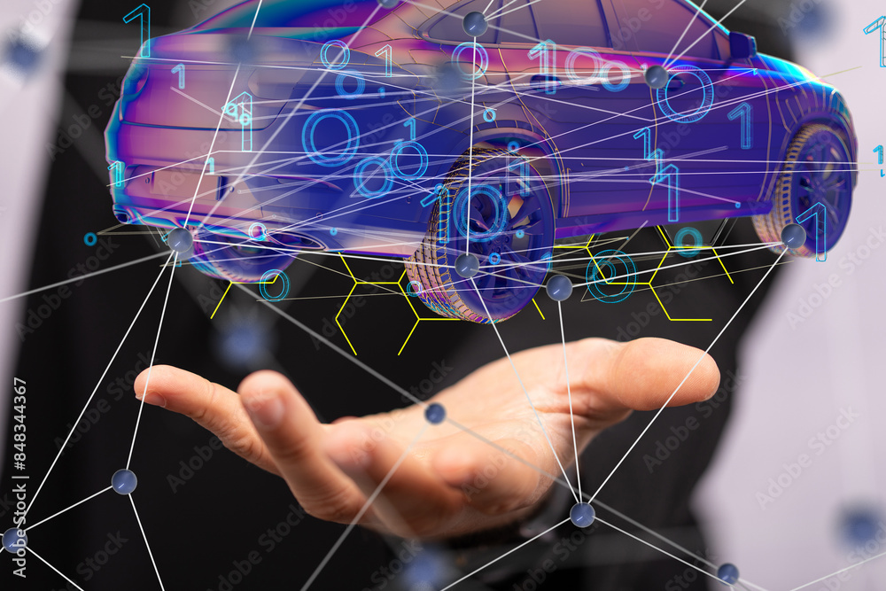 Poster autonomous car with hud graphic of navigation system driving