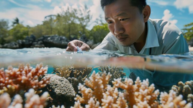 Asian marine biologist studying coral reefs in exotic locations