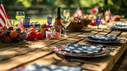 rustic wooden table set for a Fourth of July barbecue, complete with patriotic decorations