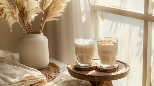 A tasty coffee in a beautiful cup in a boho interior, realistic photo