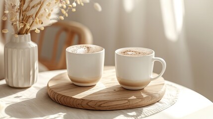 Fototapeta premium A tasty coffee in a beautiful cup in a boho interior, realistic photo