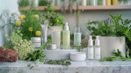 A vibrant display of organic skincare products on a marble counter, complemented by fresh herbs and flowers, ideal for a beauty product ad.