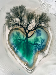 Turquoise, blue lake with a tree on the shore, in the shape of a heart