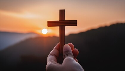 Wooden Christian Cross being held by Dark Skinned Hand - Symbol of Christianity - Believe and Faith in Christ or God - Praying or Wishing - Worshipping of Religion - Asking for Blessing from Above