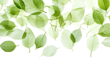 Fresh flying green transparent structure leaves isolated on white