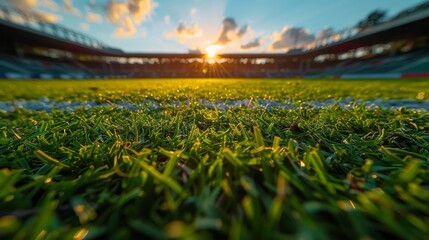 Close-up of fresh green grass on a well-maintained soccer field, illuminated by a warm sunset glow