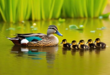 Obraz premium A group of ducklings swimming with their mother on a lake