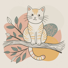 Obraz premium Cat sitting on a tree branch with birds 