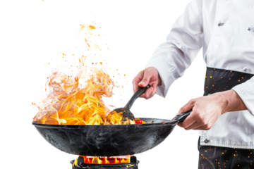 Chef in white uniform stir-frying vegetables in wok with high flames, isolated on white background. Close-up of man cooking in wok with flambe technique