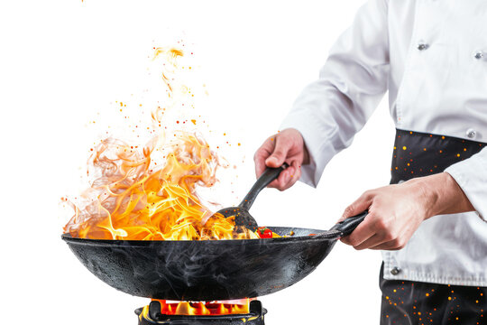 Chef in white uniform stir-frying vegetables in wok with high flames, isolated on white background. Close-up of man cooking in wok with flambe technique
