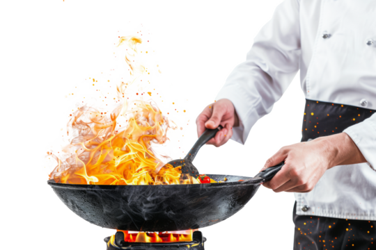Chef in white uniform stir-frying vegetables in wok with high flames, isolated on white background. Close-up of man cooking in wok with flambe technique