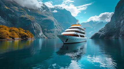 A luxurious white cruise ship sits in the peaceful blue waters of a majestic fjord surrounded by steep cliffs and lush greenery
