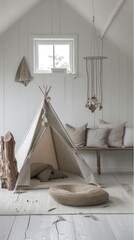 a small tent nestled in a Scandinavian nursery, adorned with soft pillows, cushions, and whimsical children's decor.