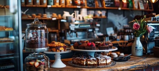 Fototapeta premium Cozy Café Gluten-Free Dessert Display with Cakes, Cookies, Pastries - Perfect for Bakery Posters