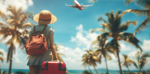 Tourist arriving at tropical destination with airplane flying over
