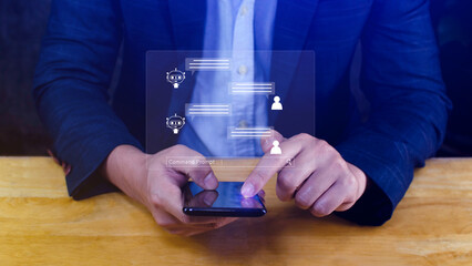 Businessman using for digital chatbot, robot application, conversation assistant, AI Artificial Intelligence concept, digital chatbot on virtual screen, virtual assistants on internet.
