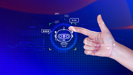 Businessman using for digital chatbot, robot application, conversation assistant, AI Artificial Intelligence concept, digital chatbot on virtual screen.