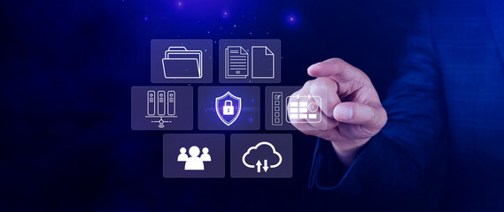 Document Management System DMS for document management concept online document database digital file storage systems software, Record keeping database technology File access Sharing documents