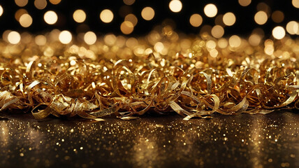 Magic of the holiday season with golden Christmas particles and sprinkles. They shimmer and shine, creating a festive atmosphere for celebrations