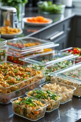 Fototapeta premium Gluten-Free Meal Prep with Overnight Oats, Chicken Wraps, and Vegetable Stir Fry in Transparent Containers