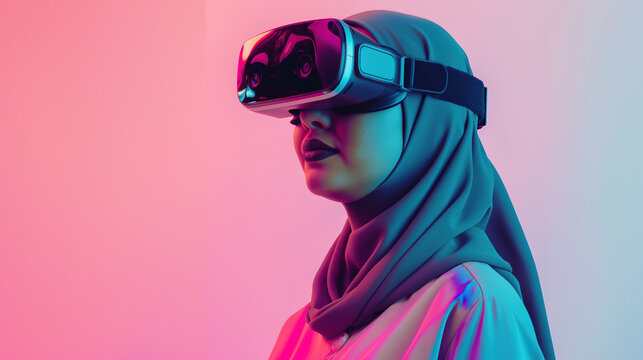 hijabi girl wearing a VR headset, with a gradient background and neon light color palette. futuristic augmented reality 