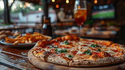 An appetizing pepperoni pizza with a glass of wine in a restaurant with a TV broadcasting sports