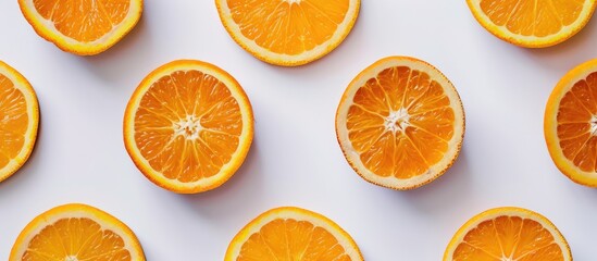 Fototapeta premium Sliced oranges arranged on a white background in a top-down view.